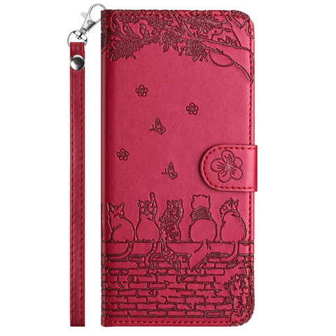 Red — Embossed Cats On Wall Wallets Folio Flip Magnetic Synthetic Leather Card Holder Folding Stand A54, A34, A24, A14, S23