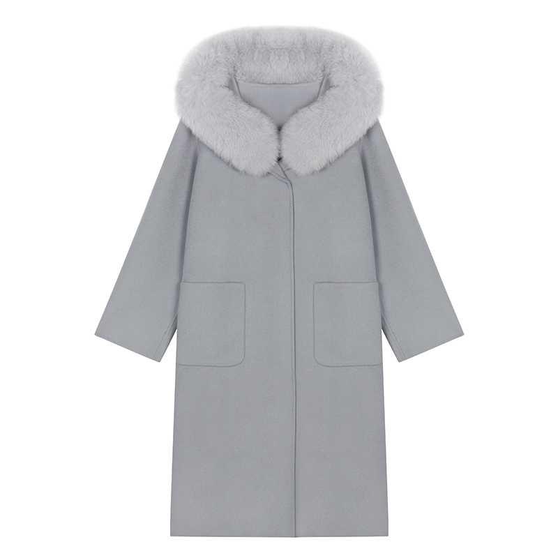 The gentle temperament hooded double-sided woolen coat at the beginning of the snow, mid-length large fur collar woolen coat for women winter anna home