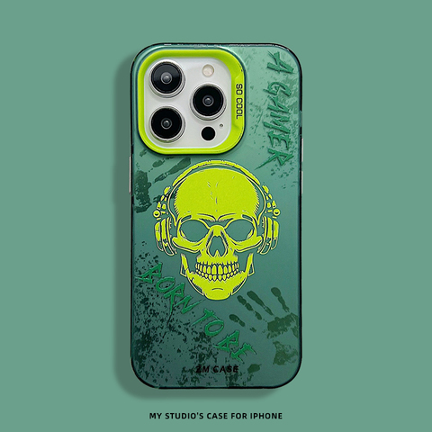 Green — Born To Be A Gamer New Skull With Headphones Illustration 14, 13, 12 iPhone Case
