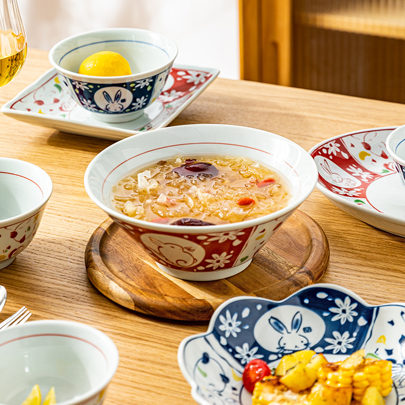 ceramic bowl plate household auspicious rabbit japanese style tableware dish noodle bowl plate spoon rice rain-hat shaped bowl