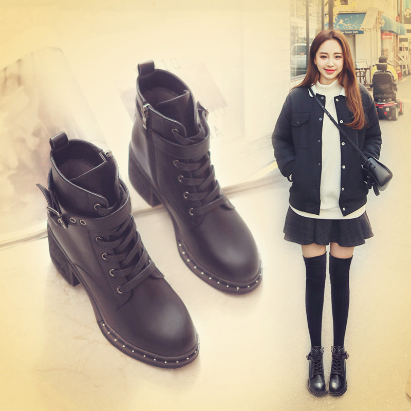 2017新款韓版高跟女靴繫帶馬丁靴側拉鏈短筒靴粗跟短靴女秋鼕單靴