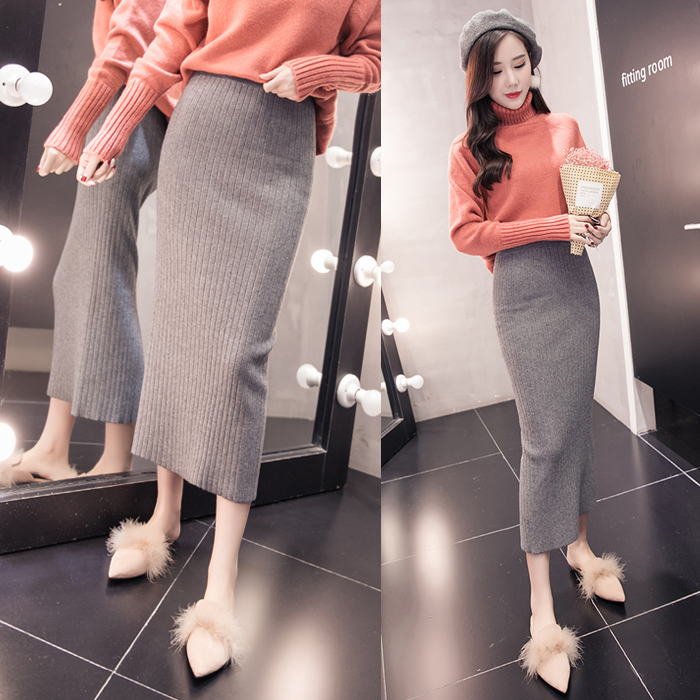 2017秋鼕韓版新款針織加厚坑條包臀後開叉半身長裙女士H型鉛筆裙