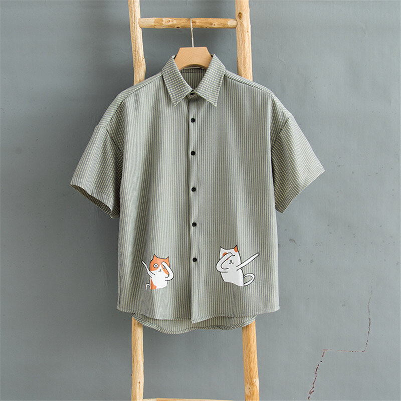 Summer New Hong Kong Windy Japanese cartoon printed striped shirt for men, very fairy blouse, lazy draped chiffon shirt