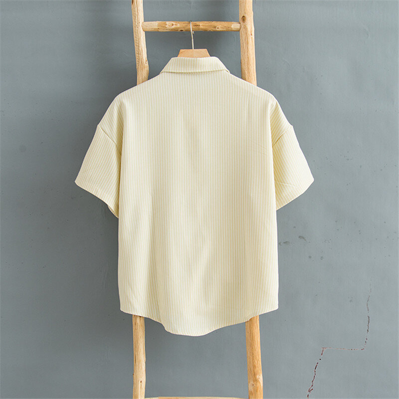 Summer New Hong Kong Windy Japanese cartoon printed striped shirt for men, very fairy blouse, lazy draped chiffon shirt