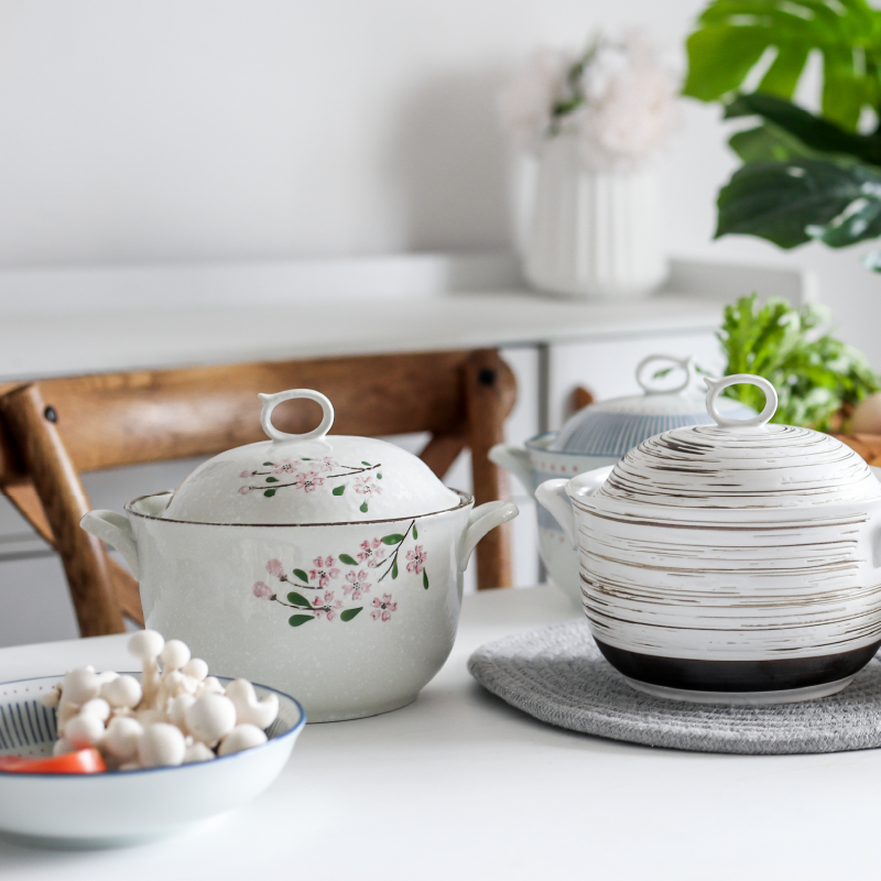 Underglaze Household Ceramic Soup Pot Thermal Pot Cherry Blossom with Lid Pot with Two Handles Japanese Ceramic Tableware