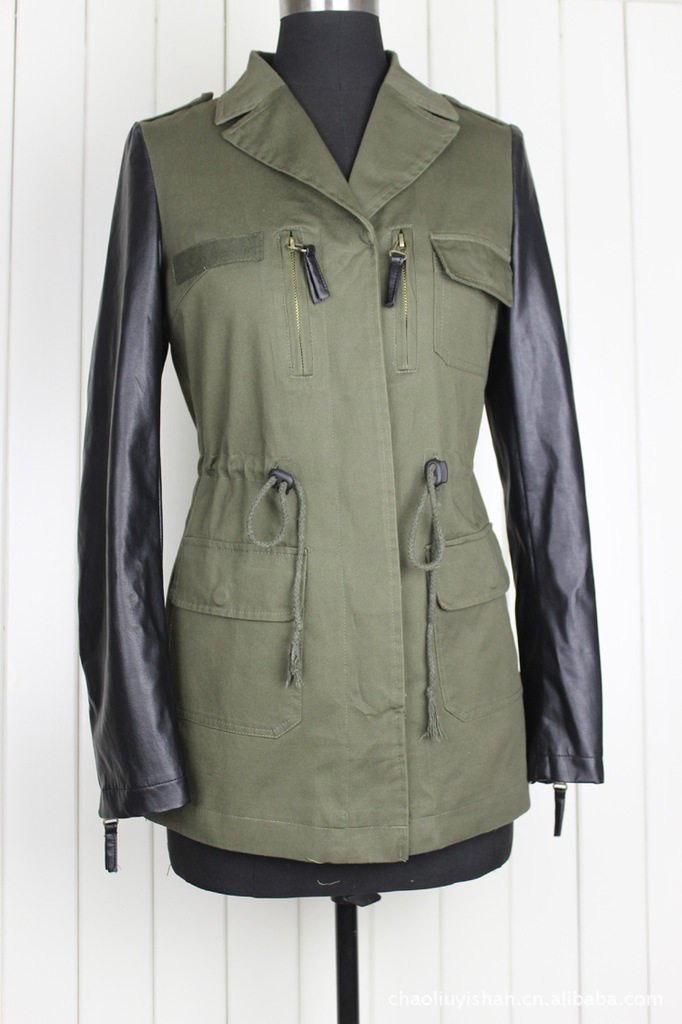 2015 ZARA womens leather sleeve army green jacket coat trench parka