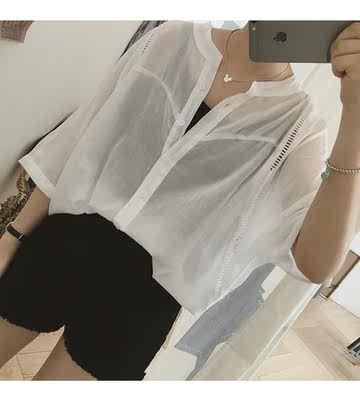 韩版chic休闲百搭纯色棉麻镂空衬衫女宽松显瘦蝙蝠袖超薄上衣夏季-淘宝网