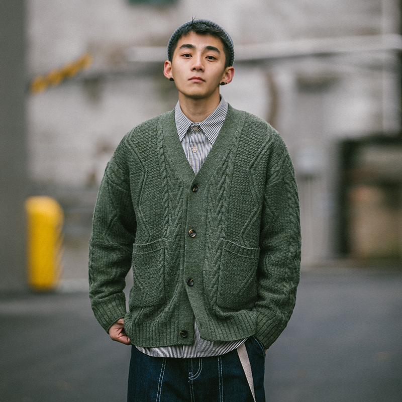 BDCT original retro V-neck cardigan sweater men's tide Japanese casual jacquard knitted jacket men's long-sleeved spring
