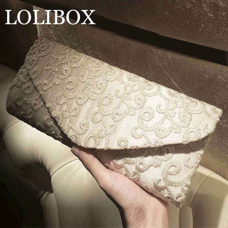 LOLIBOX新款鏤空刺繡蕾絲金線祥雲晚宴女手拿斜跨鏈條禮服宴會包