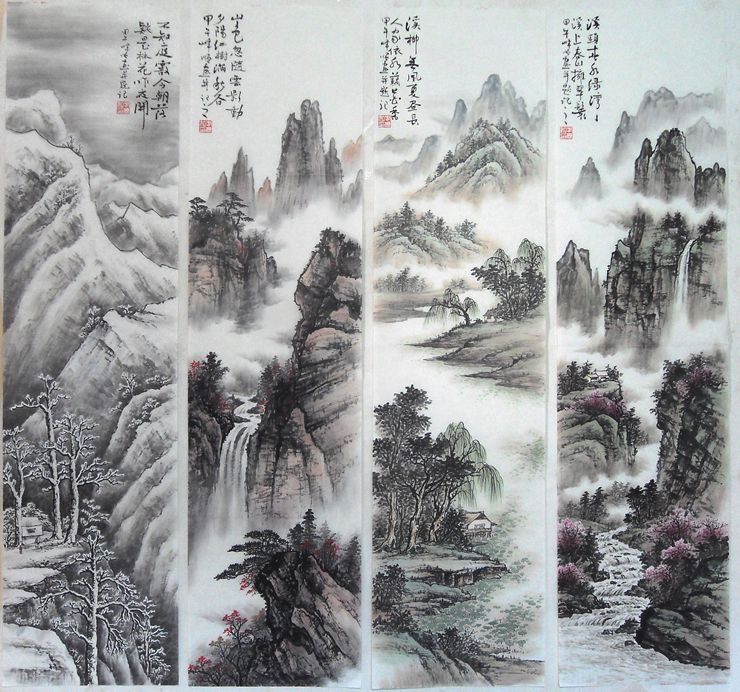 春夏秋冬四条屏 国画 山水画 客厅 字画书画 水墨画 条幅名家真迹