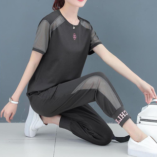 单/套装 运动女时尚韩版2020新款宽松大码镂空短袖束脚两件套