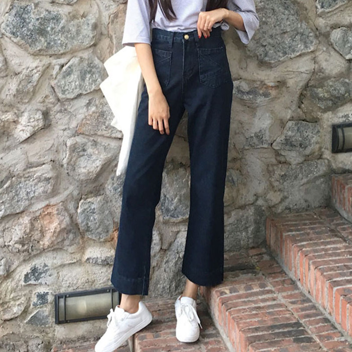 秋裝女裝2017新款韓版復古寬松顯瘦闊腿褲高腰九分牛仔褲長褲學生