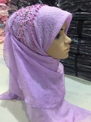 穆斯林女士头巾方巾回族手工串珠纱巾伊斯兰礼拜盖头围巾头纱丝巾