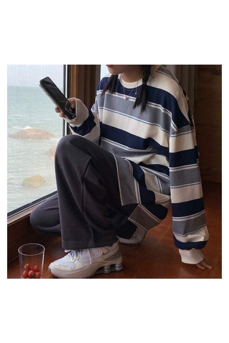 含棉条纹长袖卫衣女先生ins港风春季韩版圆领套头古着上衣外套潮