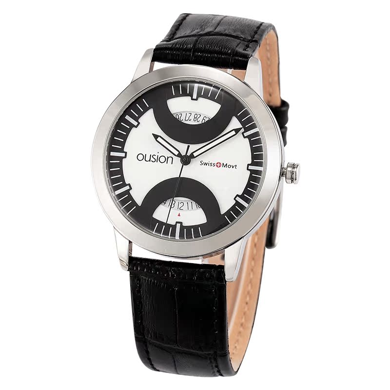 ousion欧纯商务男士手表 时尚复古真皮日历防水皮带品质石英表