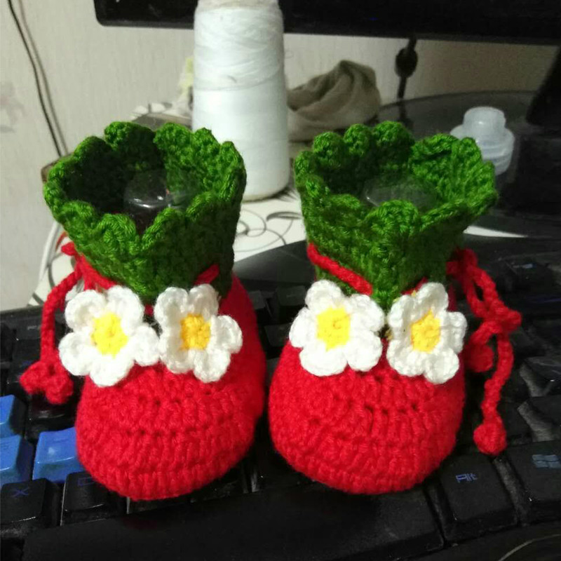 可愛草莓手工編織寶寶毛線鞋 針織嬰兒鞋秋鼕男女軟底新鉤針鞋