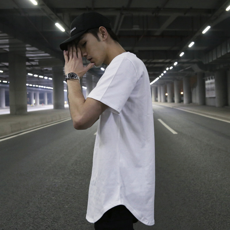 เสื้อยืดแขนสั้น kanye同款高街 基础素色打底衫T恤 圆弧下摆开叉圆领纯棉学生短袖  