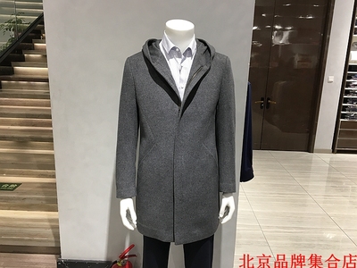 92%羊毛+8%羊绒 品牌18款男士秋冬 时尚灰色连帽 长款大衣