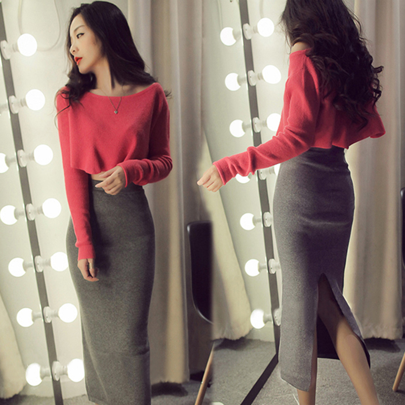 2017秋冬装新款韩版时尚套装性感露腰短款上衣半身长裙两件套女潮