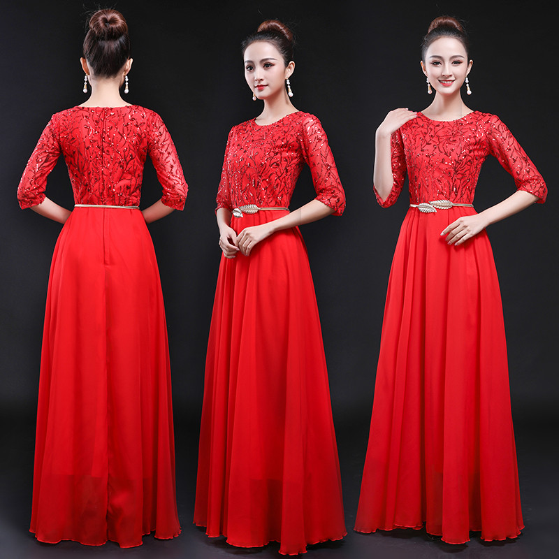 2019 new cantata performance costume female long skirt, Chinese style adult chorus performance costume sequin dress