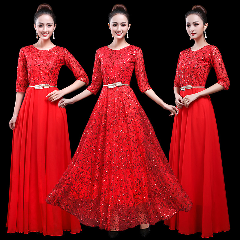 2019 new cantata performance costume female long skirt, Chinese style adult chorus performance costume sequin dress