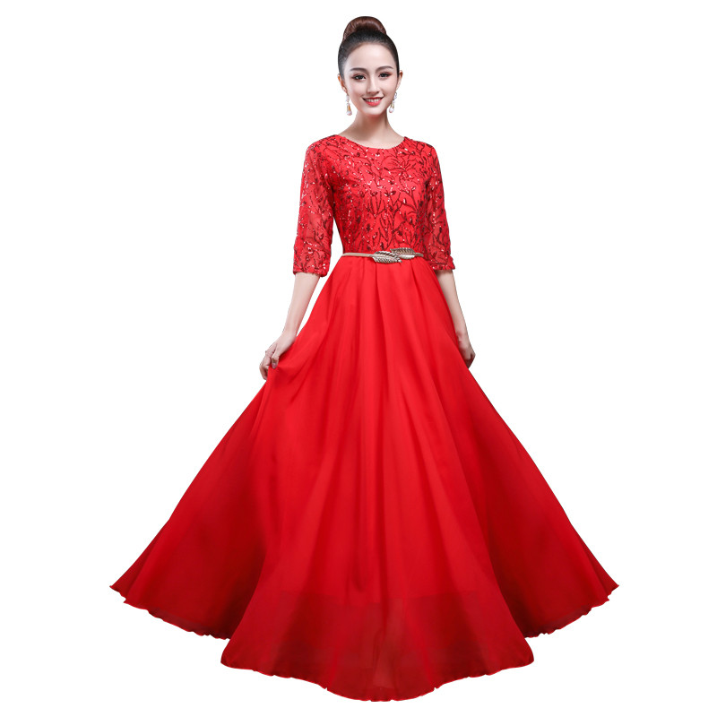 2019 new cantata performance costume female long skirt, Chinese style adult chorus performance costume sequin dress