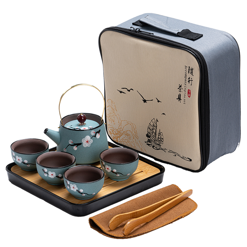 Qin Porcelain Hand-Painted Kung Fu Travel Tea Set Suit Loop-Handled Teapot Purple Sand Gift Box Ceramic Japanese Outdoor Custom Gift