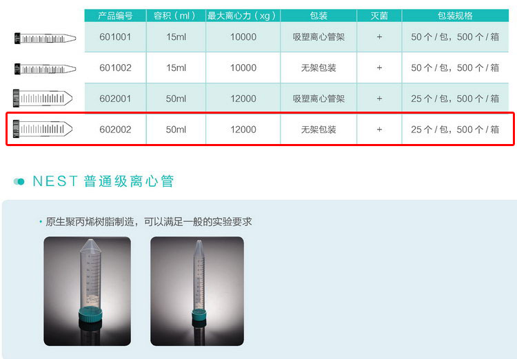 离心管50ml离心管无架包装25支包nest602002