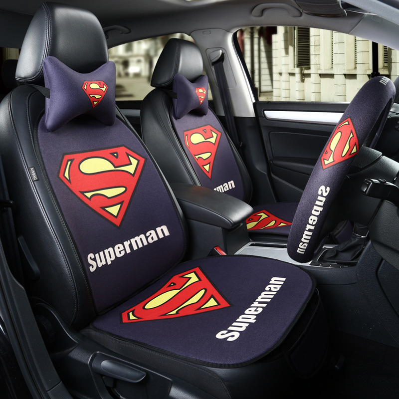 汽车坐垫单片棉麻防滑三件套蝙蝠侠蜘蛛侠超人卡通四季通用座椅垫