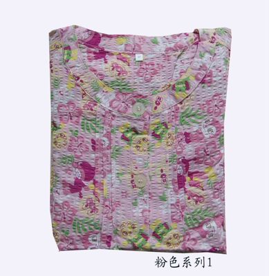 超柔软舒适纯棉泡泡纱女七分袖居家服上衣+长裤