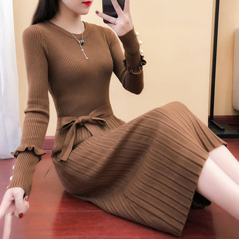 女装长款针织长袖毛衣连衣裙