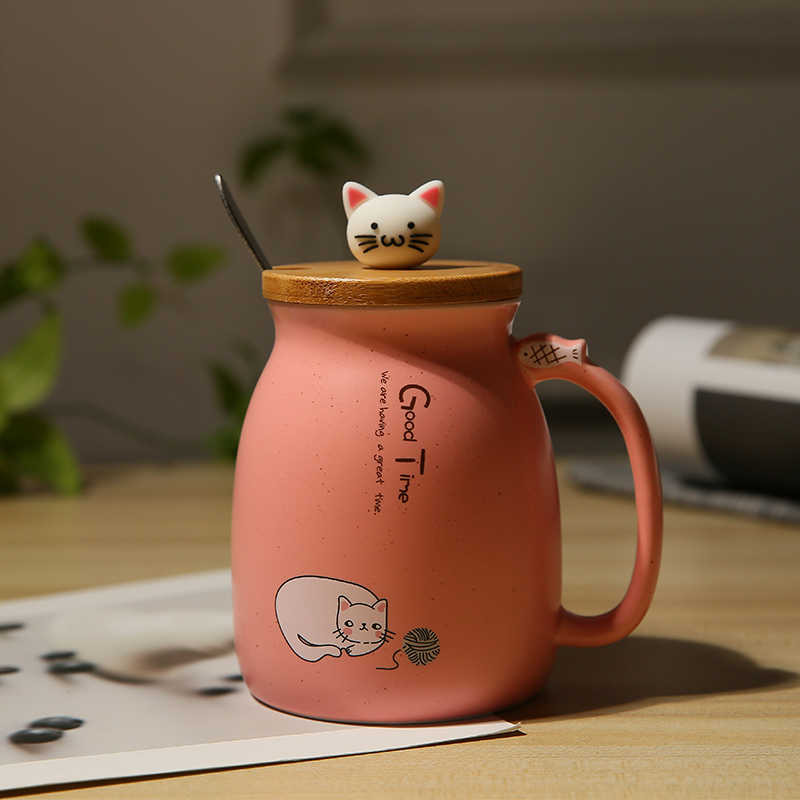 日式可愛貓陶瓷馬克杯帶蓋勺咖啡牛奶杯閨蜜情侶一對少女喝水茶杯