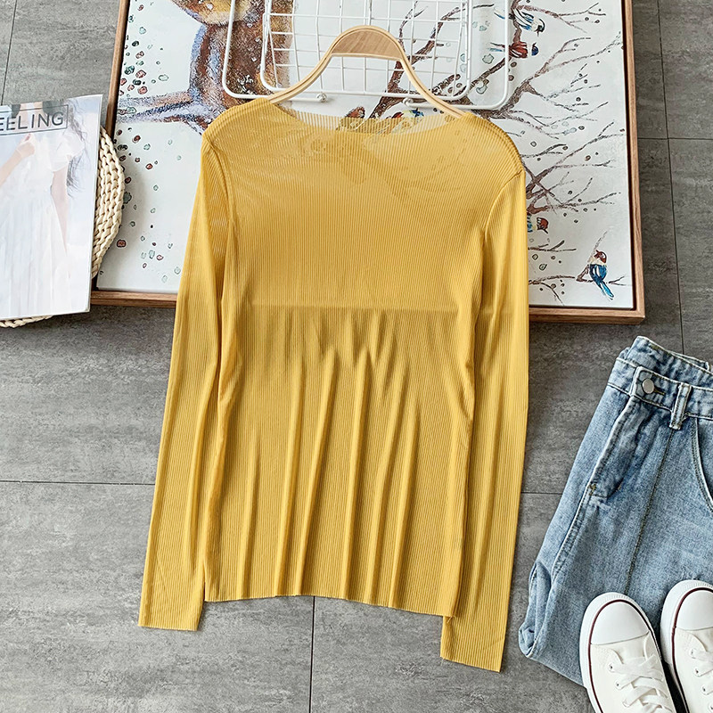 เสื้อผ้าผู้หญิง 秋季百搭款舒适透气性感透视修身打底T恤衫女  