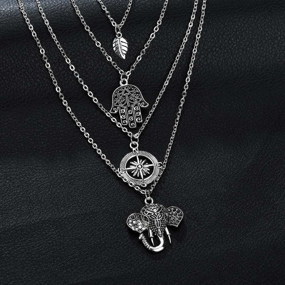 สร้อยคอ 跨境波西米亚风树叶手掌指南针大象多层项链WISH热卖  