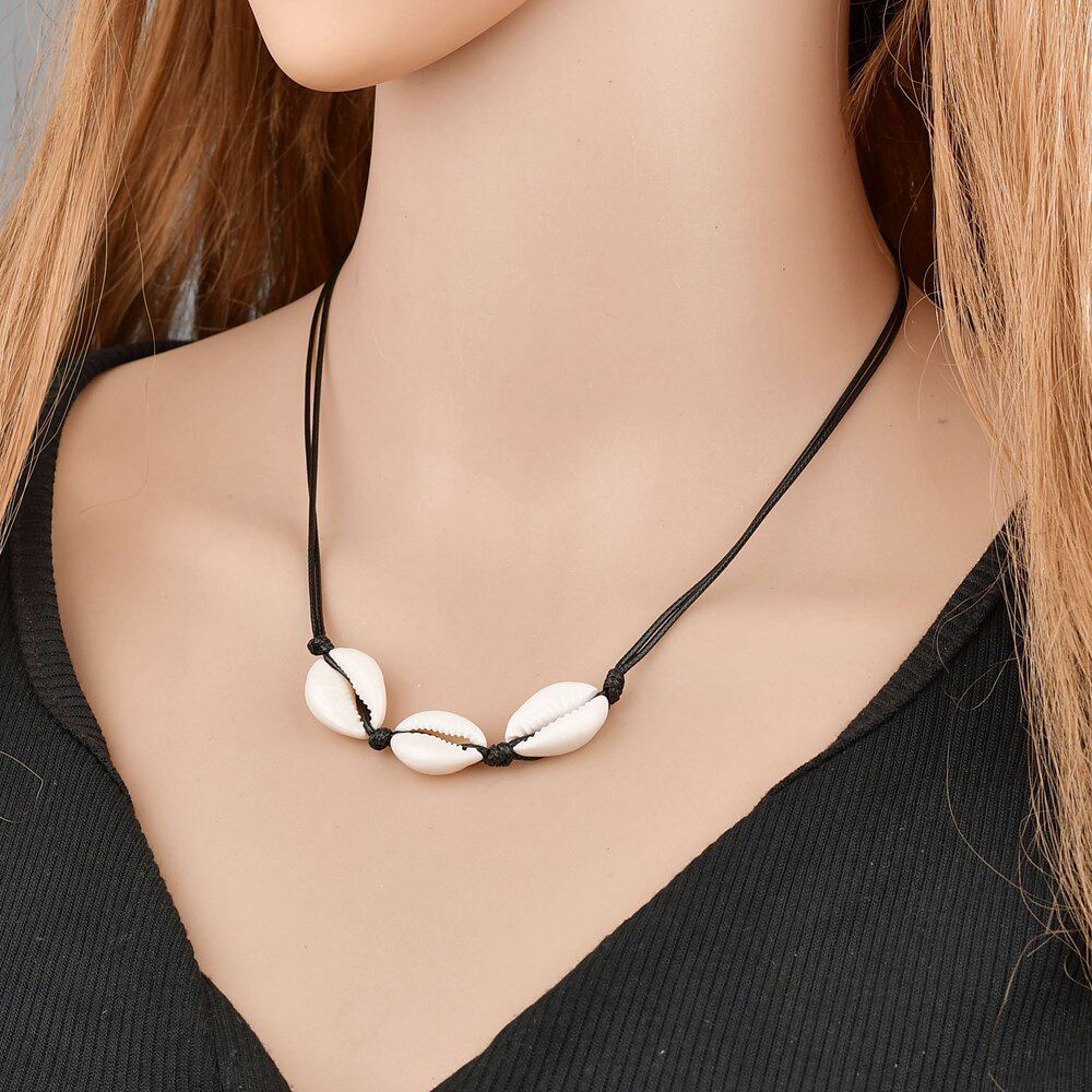 สร้อยคอ 跨境配饰欧美民族风黑绳编织天然贝壳吊坠项链潮流女网红气质简约  