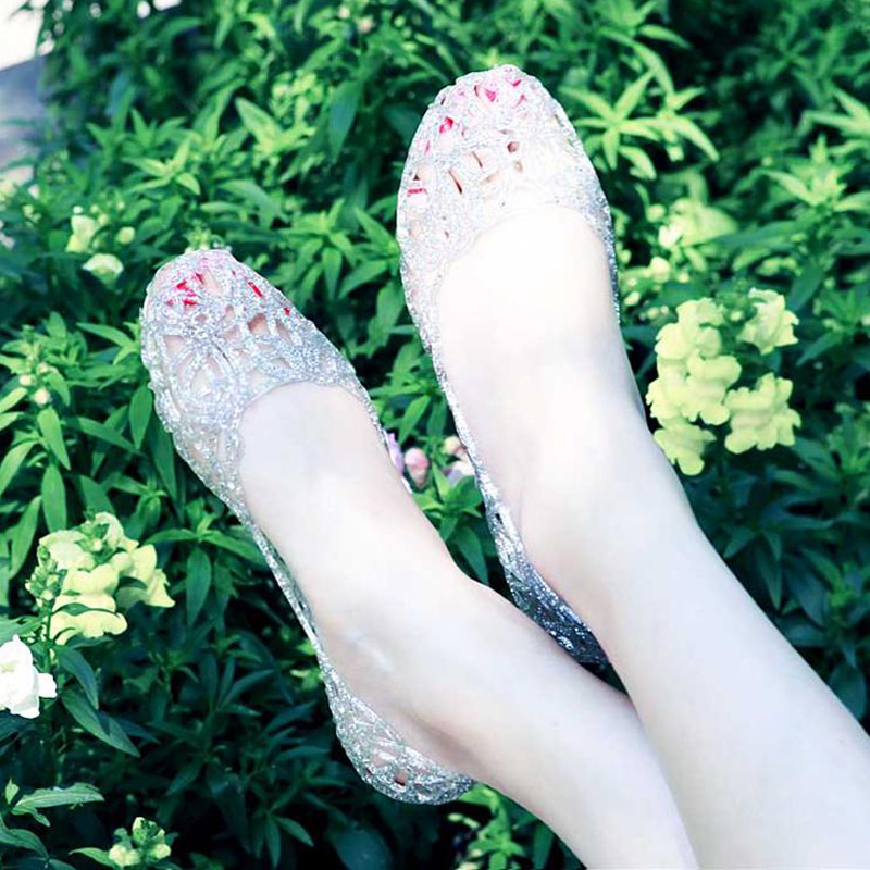 2016夏季新款女鞋水晶亮片果凍鞋平底塑料鞋網狀鏤空平跟沙灘涼鞋