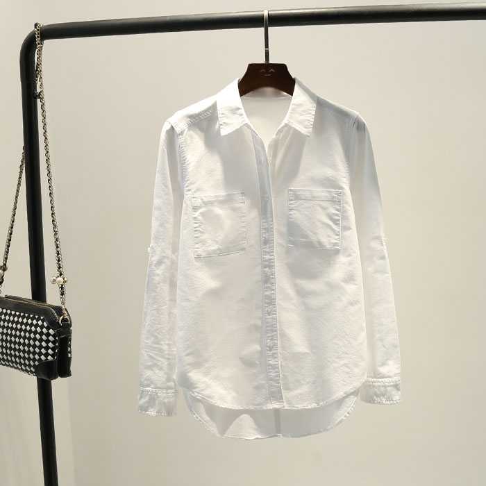 秋季上新韓版時尚文藝休閑雙口袋白色襯衣百搭長袖襯衫外套女