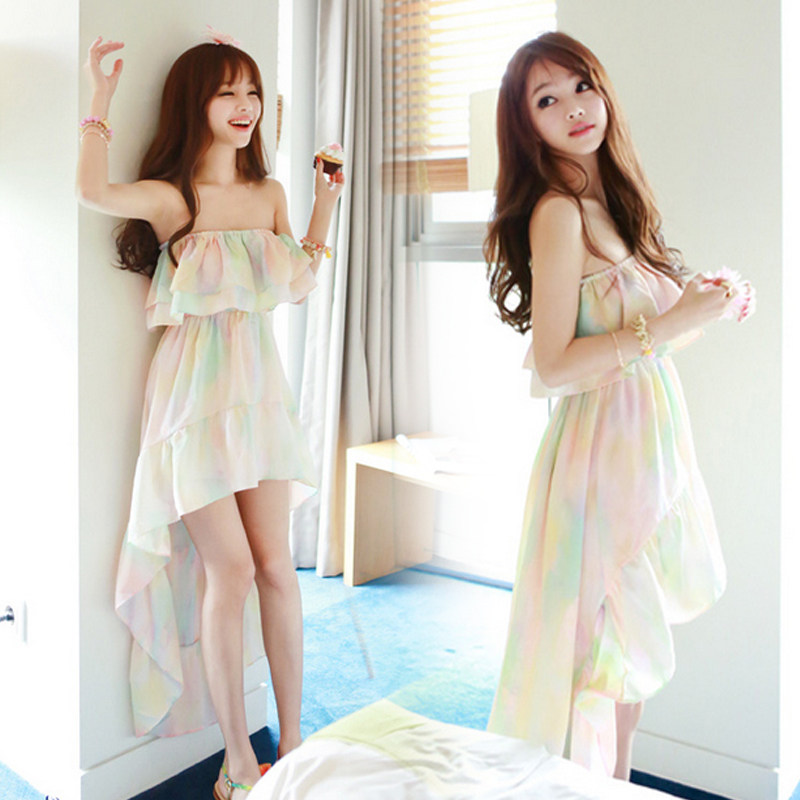 เดรส 荷叶边燕尾裙不规则抹胸裙前短后长雪纺裙夏度假沙滩连衣裙女长裙  