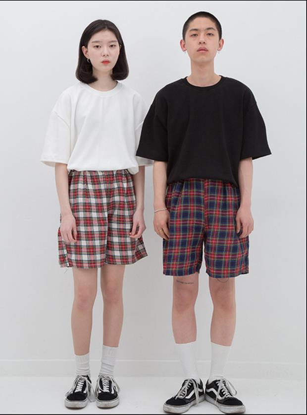 韓國ulzzang蘇格蘭格子格紋休閑寬松情侶短褲闊腿五分褲男女同款