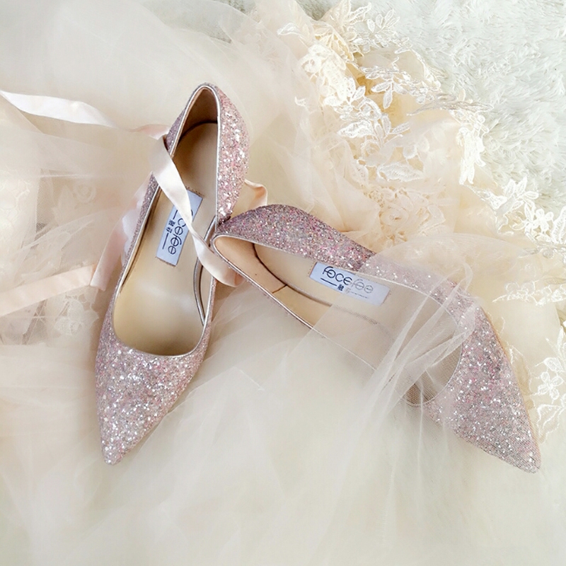 新娘鞋婚鞋金粉色亮片淺口高跟鞋細跟尖頭伴娘鞋中高跟宴會單鞋女