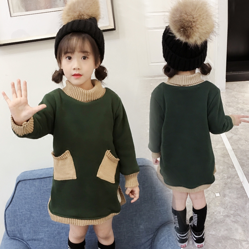女童衛衣加絨加厚兒童打底衫鼕2017新款韓版女寶長款高領保暖外套