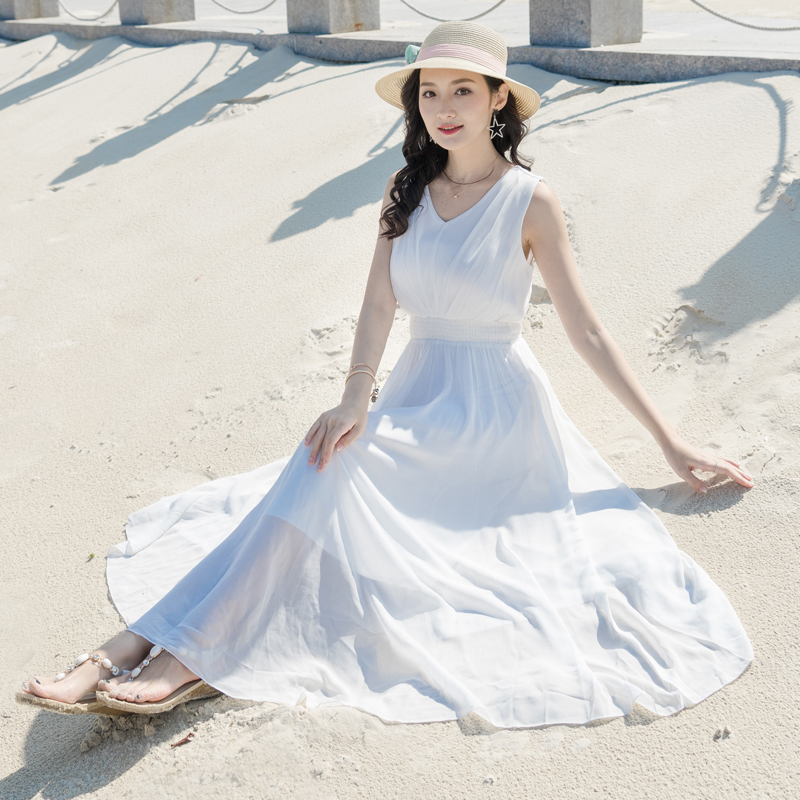 【天天特價】波西米亞長裙沙灘裙白色連衣裙v領顯瘦雪紡背心裙