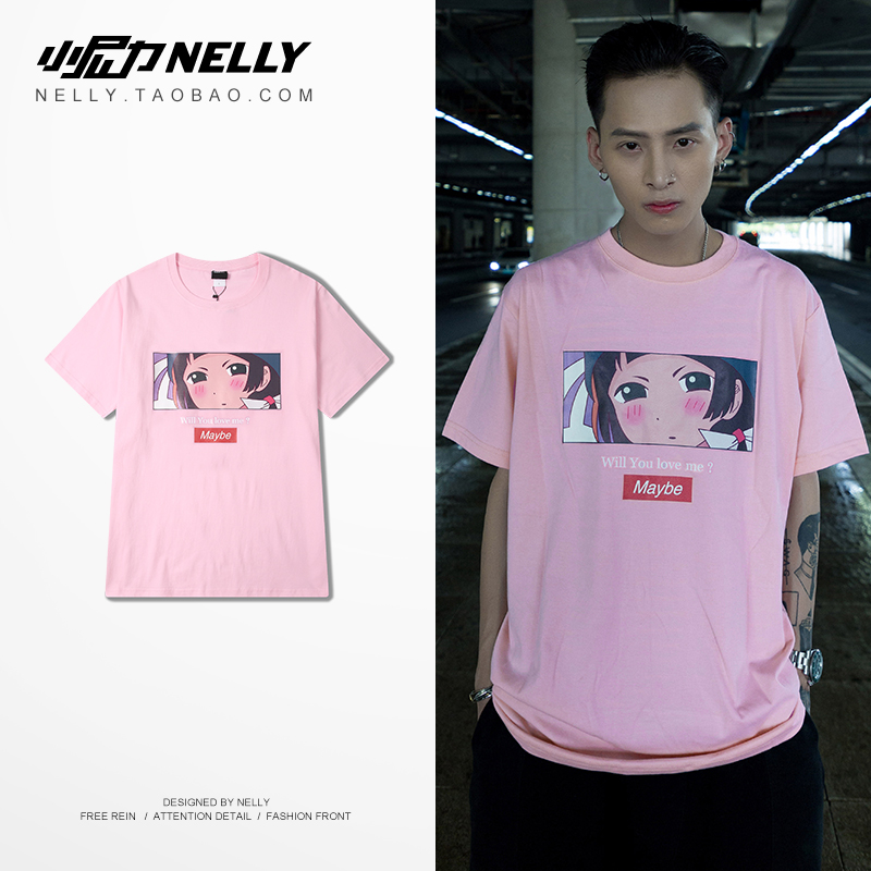 rose de bande dessinée rose imprimé à manches courtes t-shirt des hommes et des femmes des étudiants pour l'été lâche nouvelle version coréenne col rond big yards t-shirt marée rose de bande dessinée rose imprimé à manches courtes t-shirt des hommes et des femmes des étudiants pour l'été lâche nouvelle version coréenne col rond big yards t-shirt marée