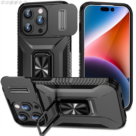 Black — Armor Drop Resistant Tough Shockproof Metal Kickstand Folding Stand Airbag 4 Corner Shock Absorbing 15, 15 Plus, 15