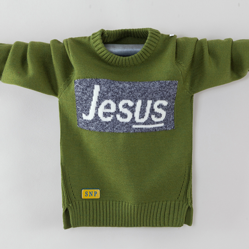 童裝新款男童毛衣兒童羊毛衫韓版秋鼕加絨圓領套頭針織衫加厚潮綠
