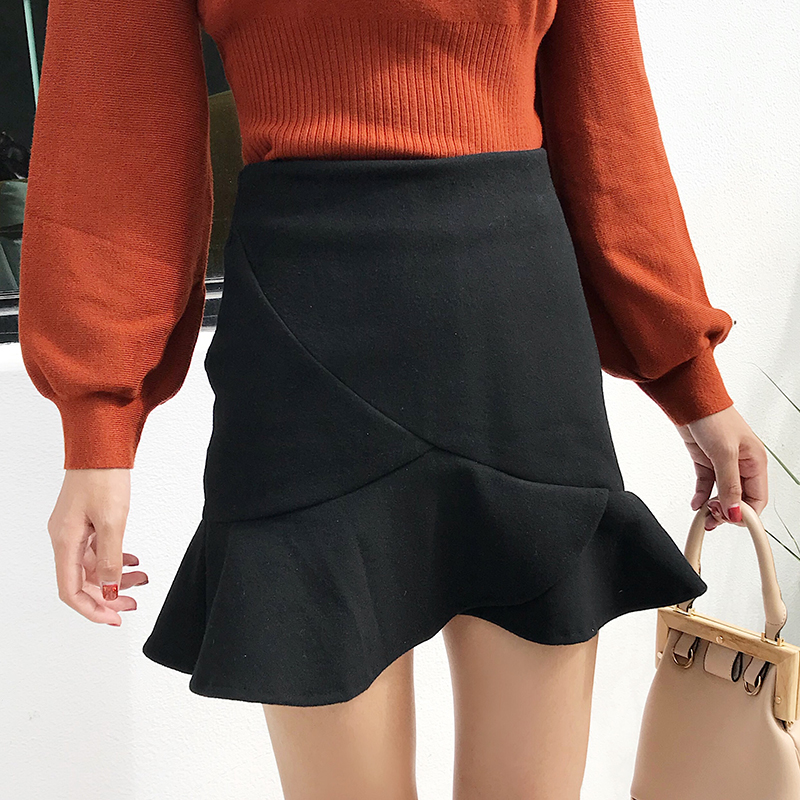 秋鼕女裝2017韓版新款荷葉邊高腰包臀短裙氣質雙面呢半身裙魚尾裙