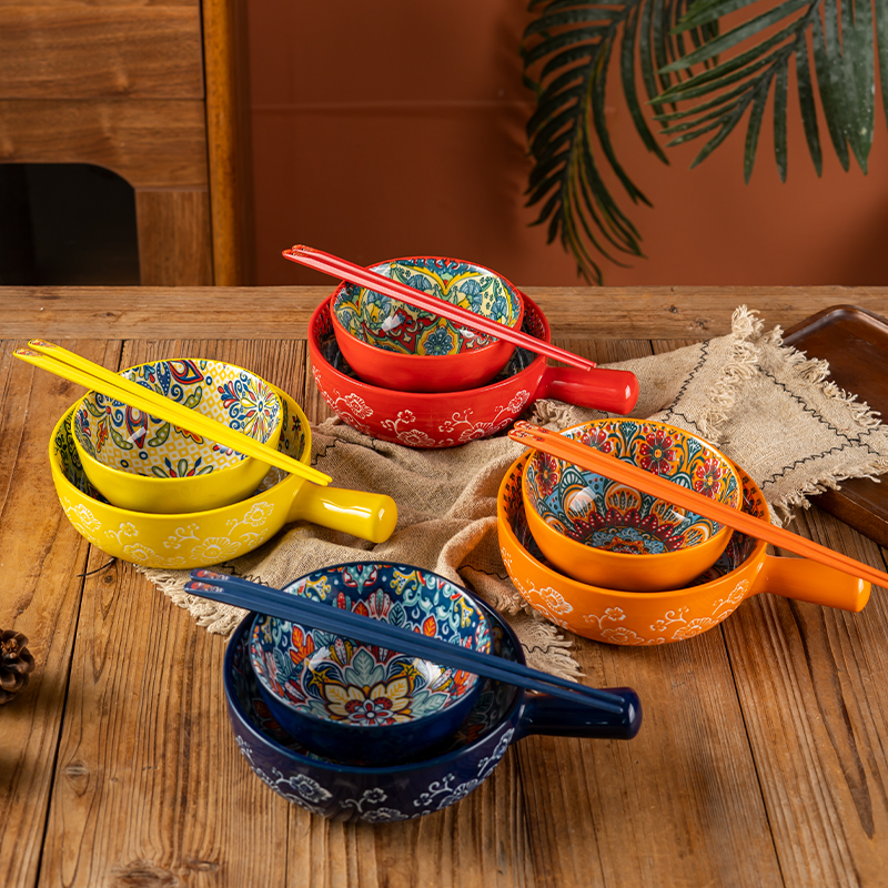 Bohemian Ceramic Handle Bowl Household Rice Watchband Breakfast Cup Bowls and Chopsticks Spoon Cutlery
