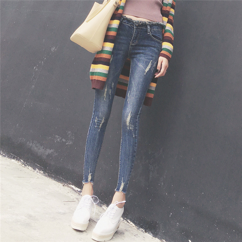 天天特價2017秋季緊身包腿牛仔褲女小腳褲毛邊藍色修身顯瘦九分褲