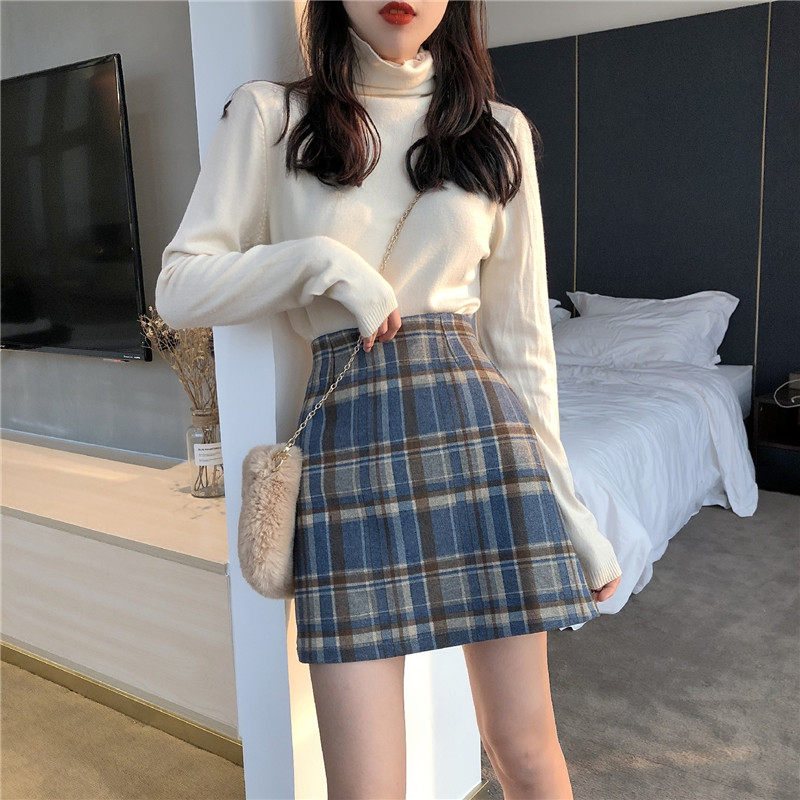 กระโปรง 早秋时尚女装新款复古百搭毛呢格子裙显瘦高腰半身裙A字短裙子潮  