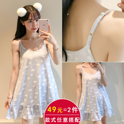 吊带裙夏季睡衣女士可爱无袖吊带睡裙女夏纯棉宽松中裙性感家居服